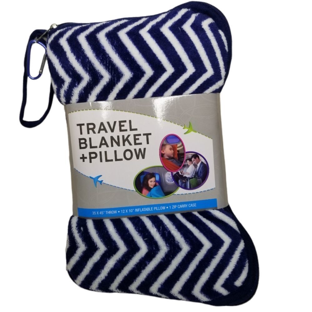 SILVER One Travel Blanket And Pillow Set Navy‎ Blue White Chevron Pattern NWT